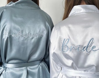 Personalised Dusty Blue Bridesmaid Robes embroidered satin bridal robe dressing gown pyjamas bridesmaid gift maid of honour bride weddin