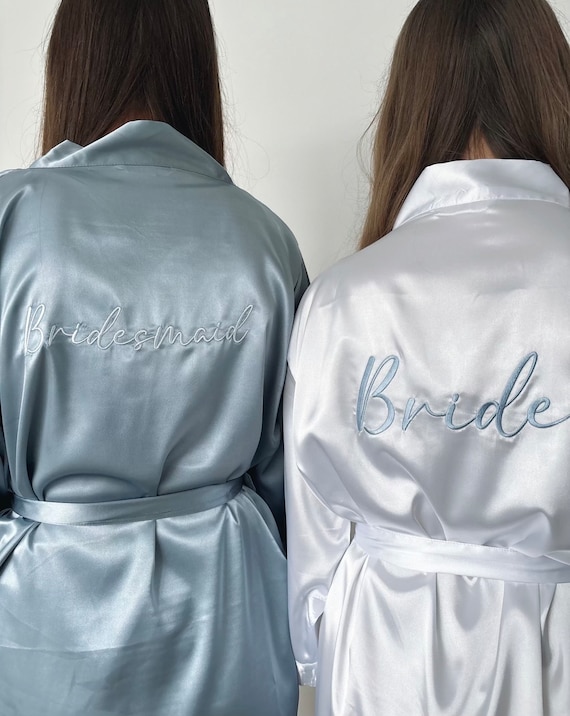 Personalised Dusty Blue Bridesmaid Robes embroidered satin bridal robe dressing gown pyjamas bridesmaid gift maid of honour bride weddin