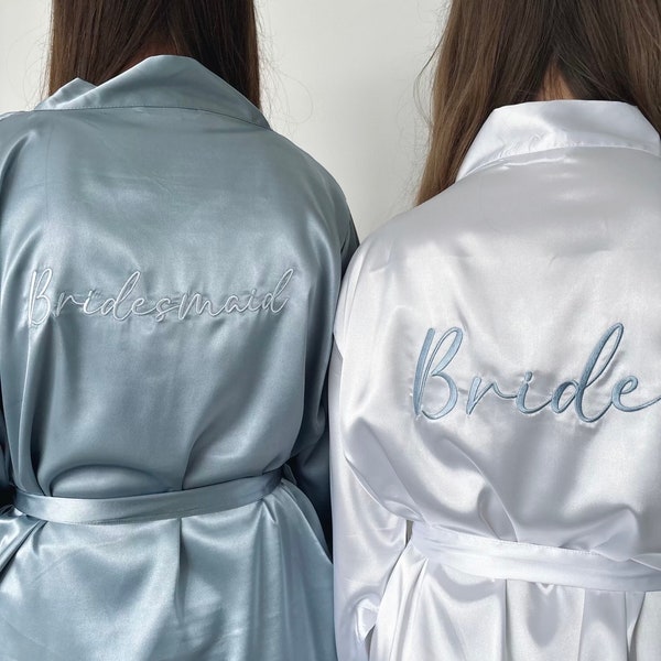 Personalised Dusty Blue Bridesmaid Robes embroidered satin bridal robe dressing gown pyjamas bridesmaid gift maid of honour bride weddin