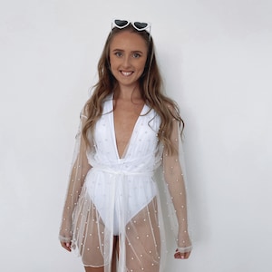 Pearl bikini kaftan bridal beach cover up pearl swimwear coverup kimono pearl jacket mesh pearl top honeymoon swimwear bride bikini wedding 画像 3