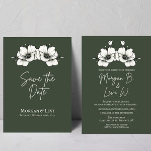 Emerald Green Wedding Invitation with Save the Date, Digital File, Template, Canva File, Instant Download, Wedding Invitation Bundle