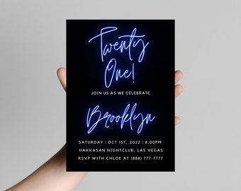 Blue and Pink Neon 21st Birthday Invite, Digital Download, Canva Template, Customizable, 21st Birthday Invitation
