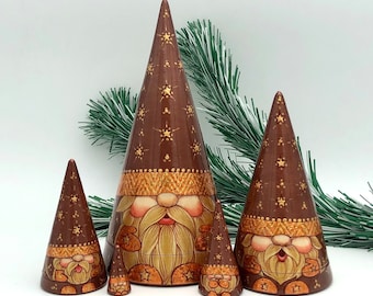 Gnomi di Natale Bambole nidificanti, stile natalizio Bambole impilabili, fatte a mano, set con 5 bambole, Matrioska, Babushka