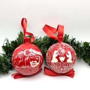 Wooden Christmas ornaments, Nativity scene, handmade, set with 2 Christmas balls