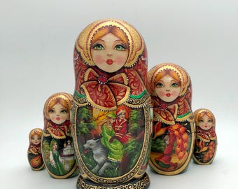 Traditionelle Stapelpuppen, Signature Collection, Stapelpuppen, handgemacht, Set mit 5 Puppen, Matroschka, Babuschka, Feuervogel, Phoenix Vogel