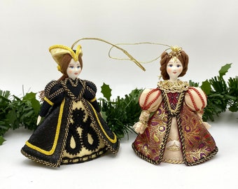 Porcelain dolls Christmas ornaments, “Two Queens”, handmade, set with 2 dolls