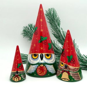 Owls Christmas Gnomes Nesting dolls, Christmas style Stacking dolls, handmade, set with 3 dolls, Matryoshka, Babushka