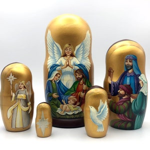 Nativity scenes nesting dolls, Stacking dolls, handmade, set with 5 dolls, Matryoshka, Babushka
