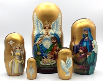 Presepi nidificanti bambole, Bambole impilabili, fatte a mano, set con 5 bambole, Matryoshka, Babushka