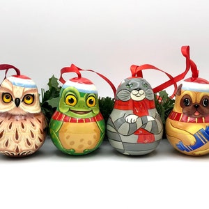 Wooden Christmas ornaments, Owl,Cat, Dog, Frog,  handmade, set with 4 ornaments