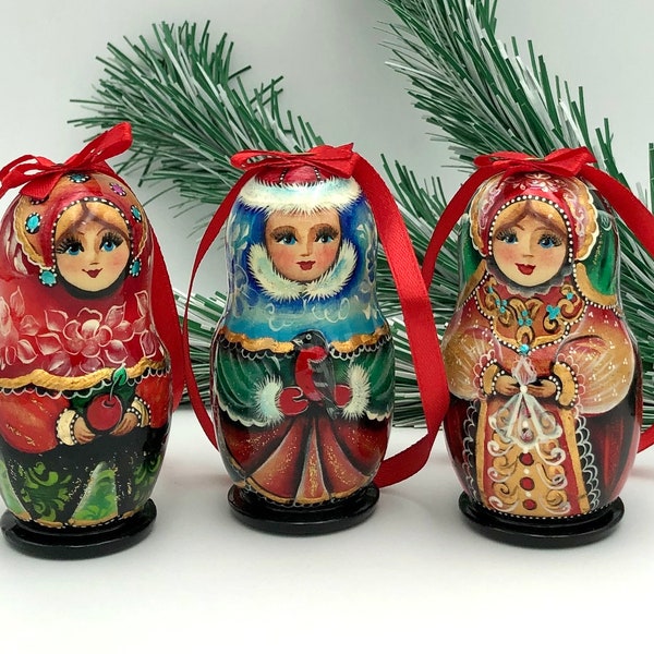 Wooden Christmas ornaments, handmade, set with 3 ornaments