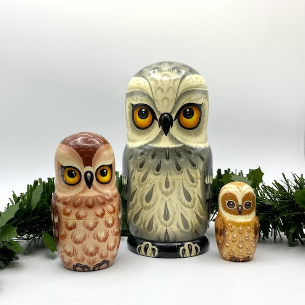 Uilennestpoppen, stapelpoppen, handgemaakt, set met 3 poppen