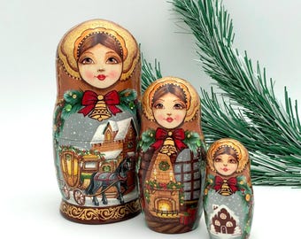Traditional nesting dolls 5,5” height (14cm), Limited Christmas Signature Collection, Stacking dolls, set with 3 dolls, Matryoshka, Babushka