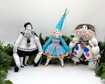 Pierrot Columbine Harlequin inspired Porcelain dolls Christmas ornaments, handmade, Set with 3 dolls