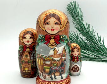 Traditional nesting dolls 5,5” height (14cm), Limited Christmas Signature Collection, Stacking dolls, set with 3 dolls, Matryoshka, Babushka