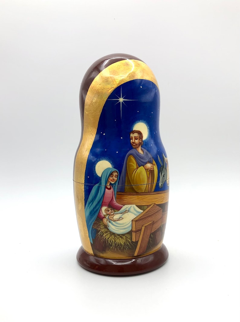 Russian Nesting Dolls Nativity Set - 5 Piece Stacking Christmas Eggs, Handmade Wood-1196476