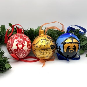 Wooden Christmas ornaments, Nativity scene, handmade, set with 3 Christmas balls