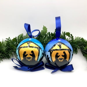 Wooden Christmas ornaments, Nativity scene, handmade, set with 2 Christmas balls