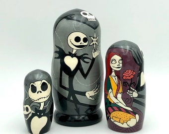 Der Alptraum vor Weihnachten inspirierte Schachtelpuppen 14 cm hoch, Stapelpuppen, Matroschka, Babuschka, Jack Skellington, Sally