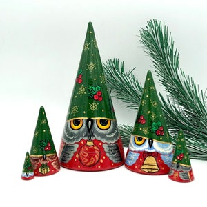 Owls Christmas Gnomes Nesting dolls, Christmas style Stacking dolls, handmade, set with 5 dolls, Matryoshka, Babushka