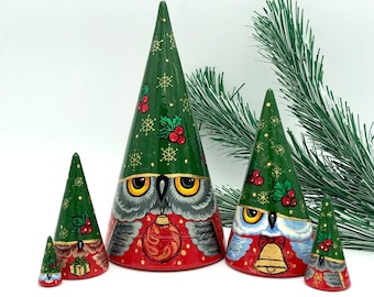 Owls Christmas Gnomes Nesting dolls, Christmas style Stacking dolls, handmade, set with 5 dolls, Matryoshka, Babushka