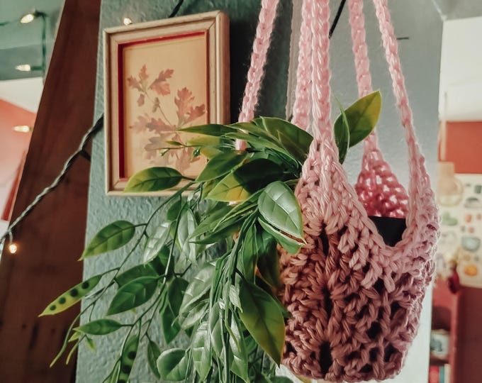 Featured listing image: Pretty Pink Crochet Hanging Plant Holder | Boho Home Decor | Plant Mom Dad | Plant Lover Gift | Plant Hanger | Cottagecore Home Decor
