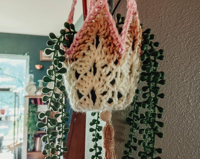 Featured listing image: Pretty Pink Crochet Hanging Plant Holder | Boho Home Decor | Plant Mom Dad | Plant Lover Gift | Plant Hanger | Cottagecore Home Decor