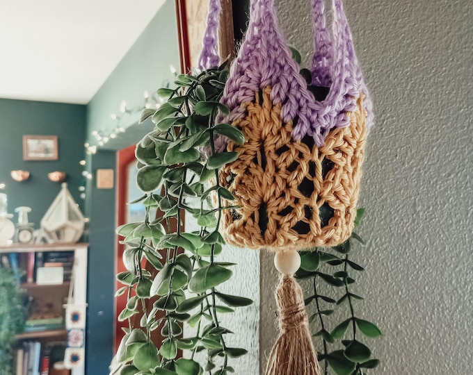 Featured listing image: Retro Gold + Orchid Crochet Hanging Plant Holder | Boho Home Decor | Plant Mom Dad | Plant Lover Gift | Plant Hanger | Cottagecore Decor