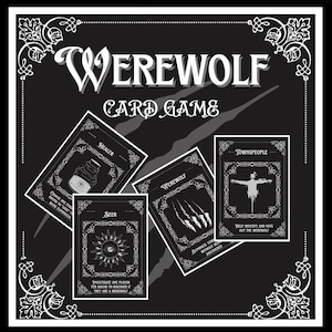 Puede incluir: Un juego de cartas de Werewolf en blanco y negro con bordes decorativos. El juego incluye cartas con las etiquetas "Healer", "Seer", "Werewolf" y "Townspeople". El texto de las cartas proporciona instrucciones de juego.