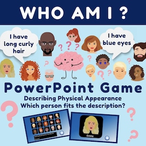 Op de afbeelding: Een lichtblauwe afbeelding voor een PowerPoint-spel met de titel 'WIE BEN IK?' en 'PowerPoint Game'. Het spel beschrijft het uiterlijk. De afbeelding bevat cartoongezichten, tekstballonnen en twee schermen met afbeeldingen van mensen.