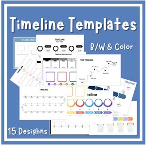 May include: A collection of timeline templates in black and white and color. The image features various designs, including linear, circular, and infographic styles. Text on the image includes "Timeline Templates", "B/W & Color", and "15 Designs".