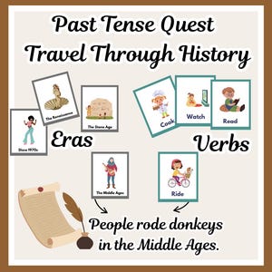May include: Educational poster titled "Past Tense Quest: Travel Through History." It features illustrations of different historical eras and verbs. The eras include the Disco 1970s, The Renaissance, and The Stone Age. Verbs include Cook, Watch, Read, and Ride. Text: "People rode donkeys in the Middle Ages."