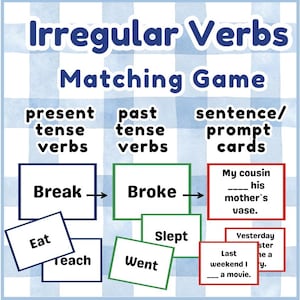 Può includere: Un colorato gioco educativo intitolato "Irregular Verbs Matching Game" su uno sfondo a scacchi blu e bianco. Il gioco include verbi al tempo presente, verbi al passato e schede di prompt di frasi. Vengono visualizzati verbi come "Break" e "Broke".