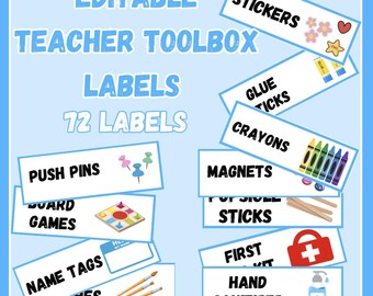 Bearbeitbare Lehrer-Toolbox-Etiketten mit Bildern | 72 Etiketten für Schulbedarf