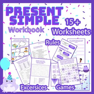 May include: A set of educational worksheets focused on the present simple tense. The title reads "PRESENT SIMPLE WORKBOOK 15+ WORKSHEETS". The materials include exercises, rules, and games, with a predominantly purple and blue design.