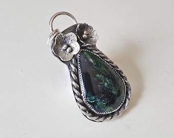 Azurite Malachite Necklace, Sterling Silver Handmade Pendant, Floral Botanical Jewelry, One of a Kind Gift