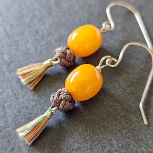 Genuine Amber, Cotton, Taseul and sterling silver Earrings