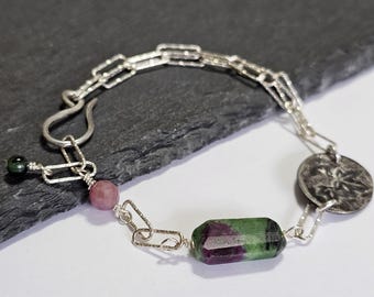 Sterling Silver paperclip chain, Ruby Zoisite and ruby bracelet