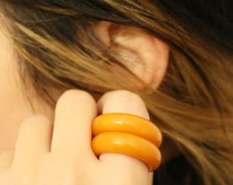 Hand-Carved Genuine Amber Double Band Ring - US Size 10