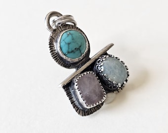 Turquoise, Rose Quartz, and Aquamarine Sterling Silver Necklace