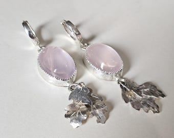 Rose Quartz Sterling Silver Leaf Earrings – Handmade Botanical Dangle Jewelry