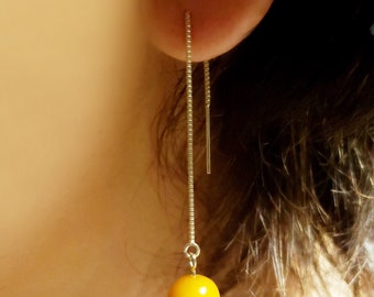 Natural Amber Long Drop Earrings Silver Chain Earrings