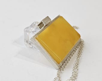 Square Baltic Amber Pendant: Modern Sterling Silver Necklace