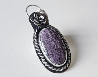 Rare Natural Sugilite Statement Necklace in Hand Sculpted Sterling Silver Flower Pendant