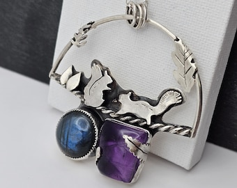 Natural Labradorite & Amethyst Squirrel Necklace – Nature Inspired Handmade Forest Jewelry