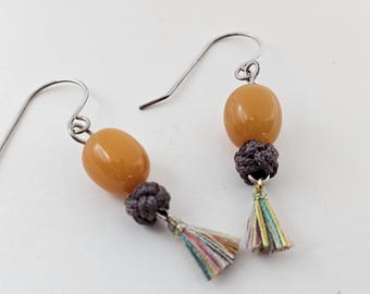 Genuine Amber, Cotton, Taseul and sterling silver Earrings