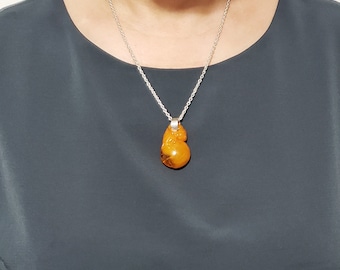 Carved Baltic Amber Necklace: Yellow Butterscotch Gemstone, Sterling Silver Chain