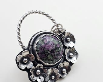 Flower Basket Necklace with Natural Zoisite – Handmade Sterling Silver