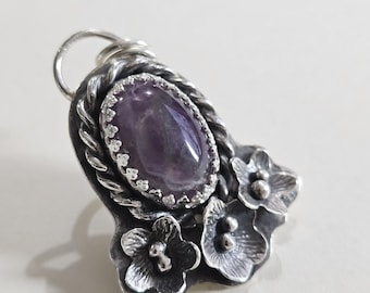 One of a Kind Amethyst Pendant, Handmade Sterling Silver Floral Necklace