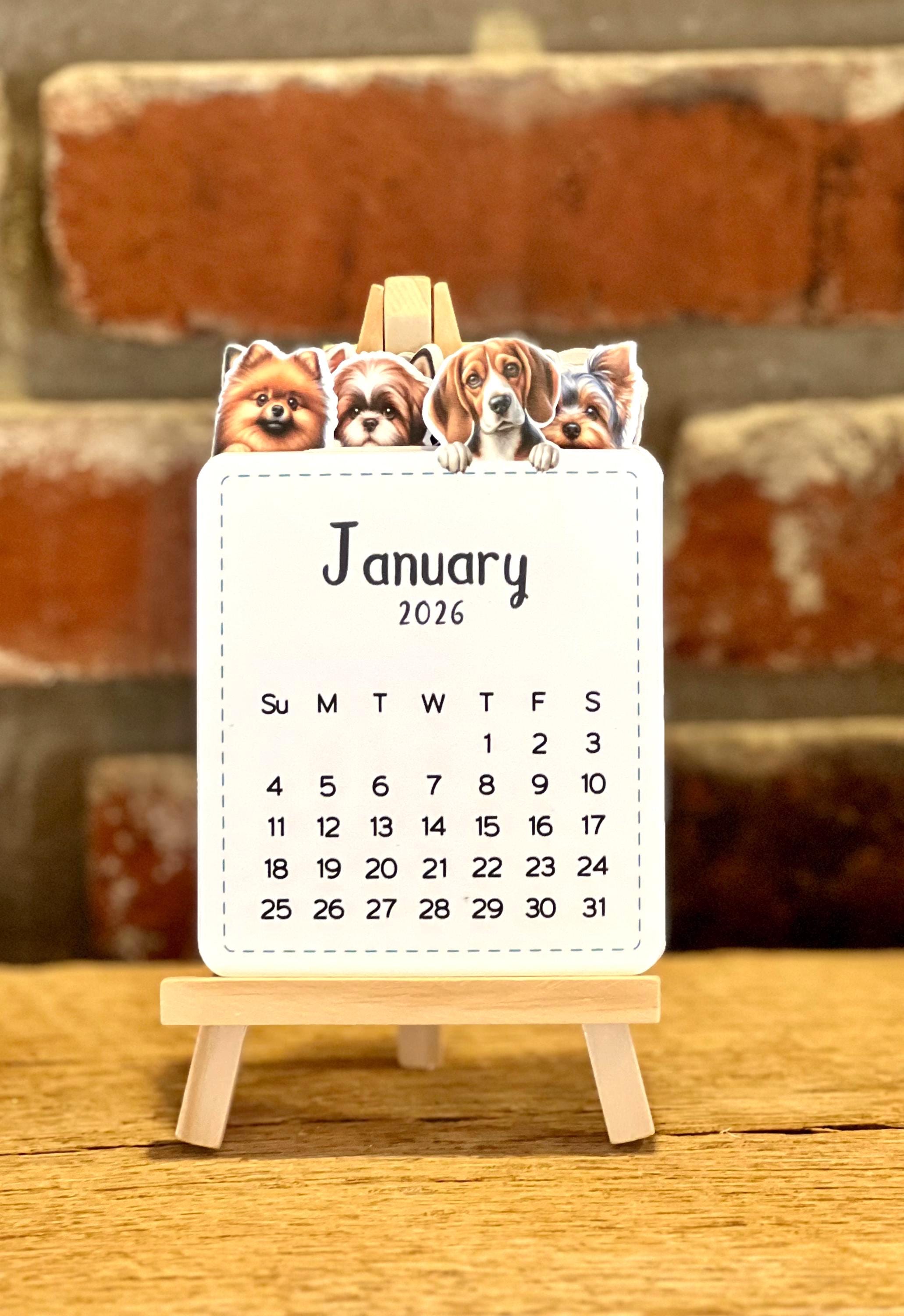 Calendrier De Bureau 2026 Chat Et Chiens Mignon - Avec Support Bois, Thème Animaux, Cadeau Pour école/bureau